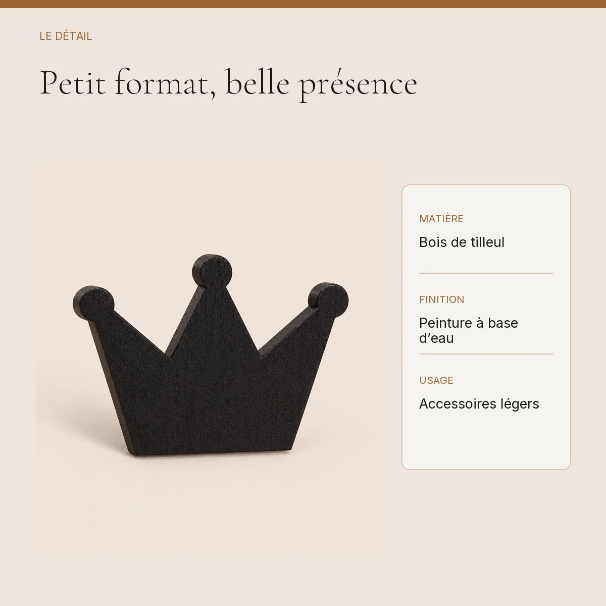 Crochet mural en bois motif Couronne noire pour chambre enfant – détail du bois peint et de la finition
