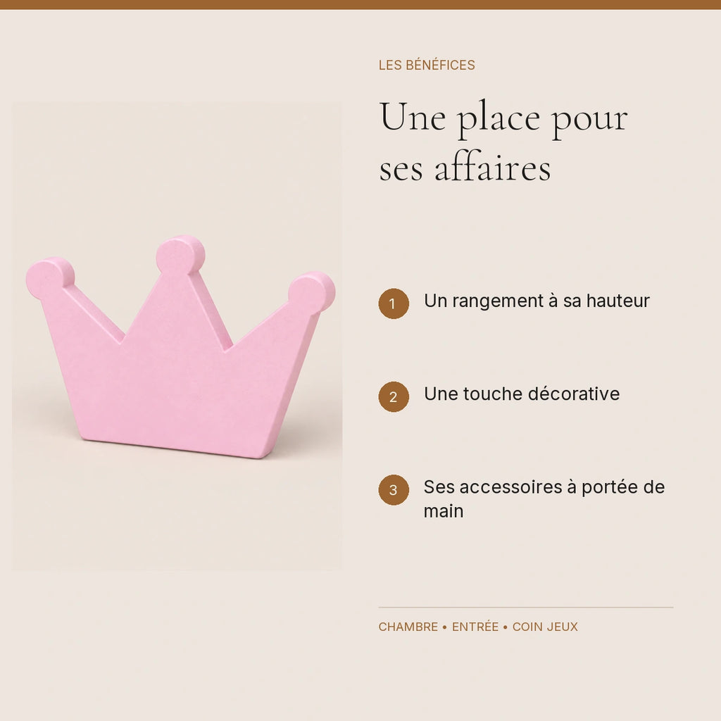 Crochet mural en bois motif Couronne poudrée pour chambre enfant – bénéfices pour organiser la chambre enfant