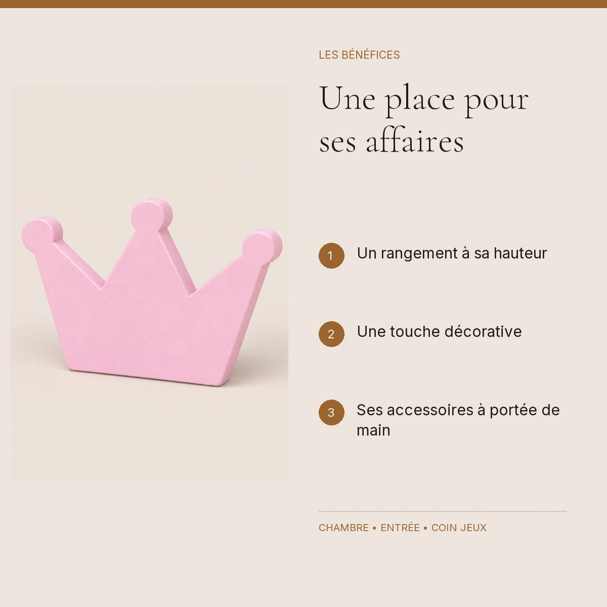 Crochet mural en bois motif Couronne poudrée pour chambre enfant – bénéfices pour organiser la chambre enfant