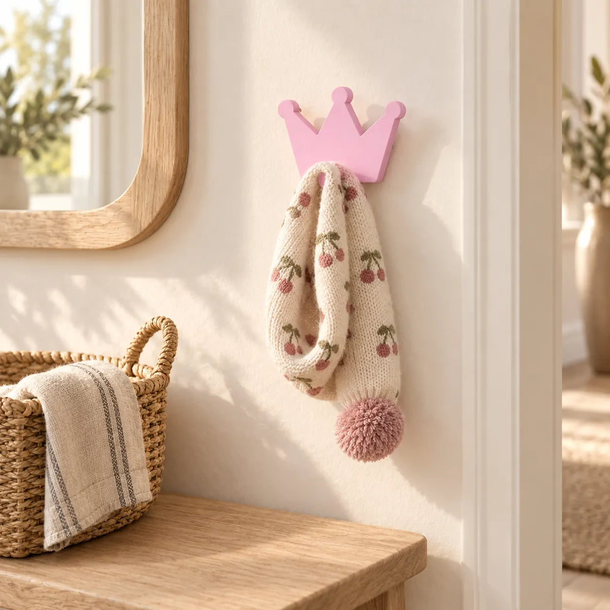 Crochet mural en bois motif Couronne poudrée pour chambre enfant – dans une entrée familiale