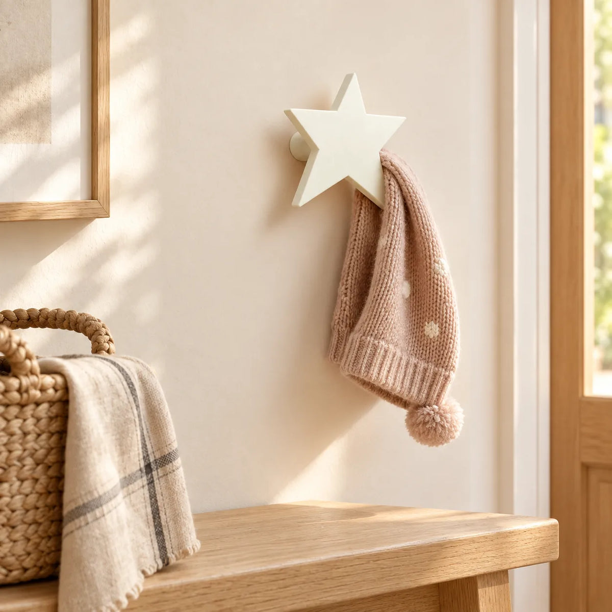 Crochet mural en bois motif Étoile blanche pour chambre enfant – dans une entrée familiale