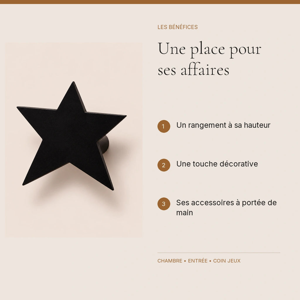 Crochet mural en bois motif Étoile noire pour chambre enfant – bénéfices pour organiser la chambre enfant