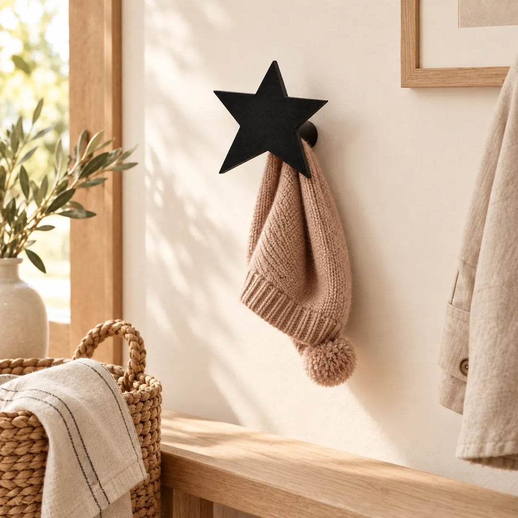 Crochet mural en bois motif Étoile noire pour chambre enfant – dans une entrée familiale