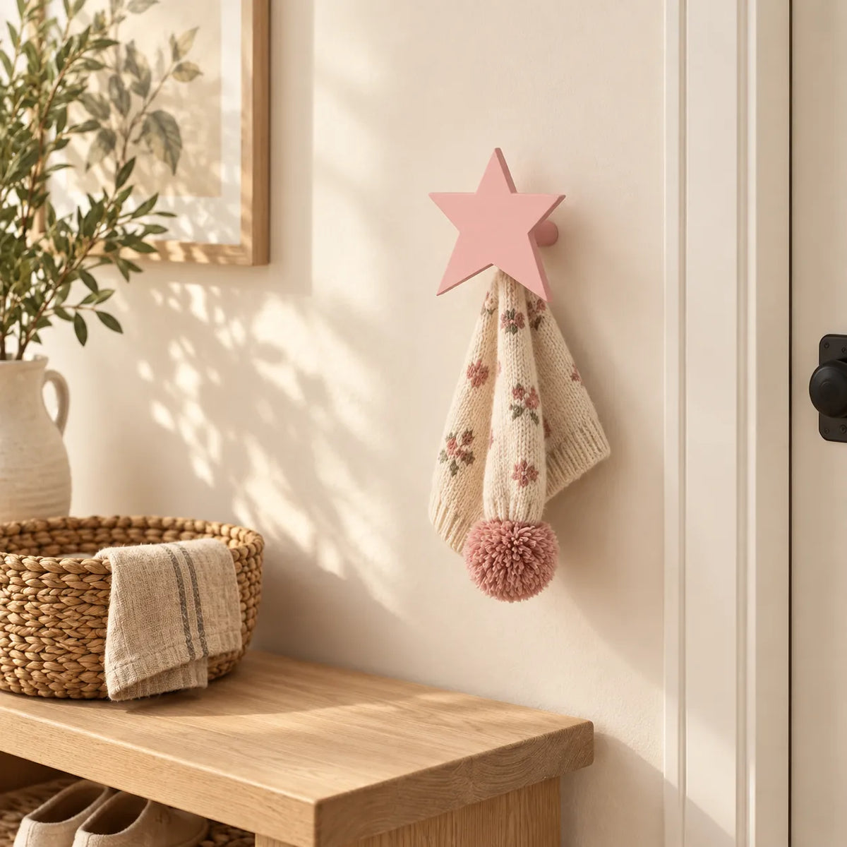 Crochet mural en bois motif Étoile rose pour chambre enfant – dans une entrée familiale