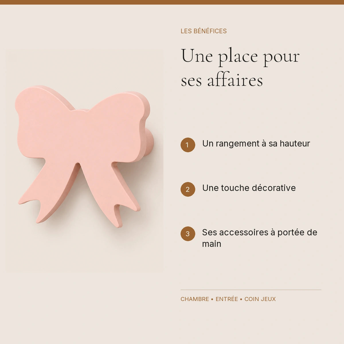 Crochet mural en bois motif Noeud poudré pour chambre enfant – bénéfices pour organiser la chambre enfant
