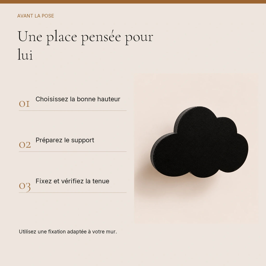 Crochet mural en bois motif Nuage noir pour chambre enfant – conseils de pose et de fixation murale