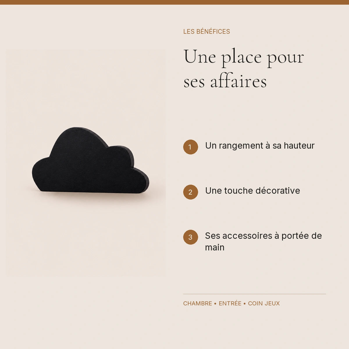Crochet mural en bois motif nuage noir à base droite pour chambre enfant – bénéfices pour organiser la chambre enfant
