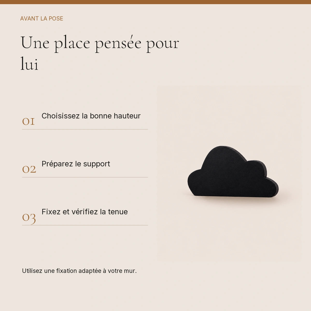 Crochet mural en bois motif nuage noir à base droite pour chambre enfant – conseils de pose et de fixation murale