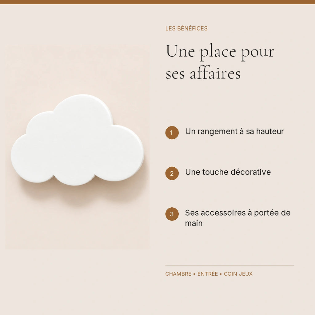 Crochet mural en bois motif Nuages blancs pour chambre enfant – bénéfices pour organiser la chambre enfant