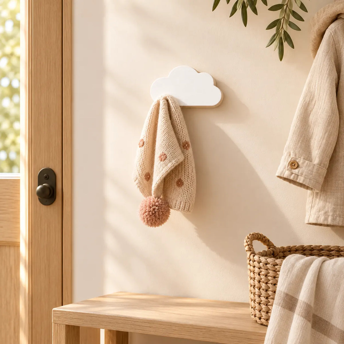 Crochet mural en bois motif nuage blanc à base droite pour chambre enfant – dans une entrée familiale