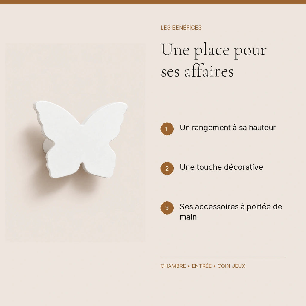 Crochet mural en bois motif Papillon blanc pour chambre enfant – bénéfices pour organiser la chambre enfant