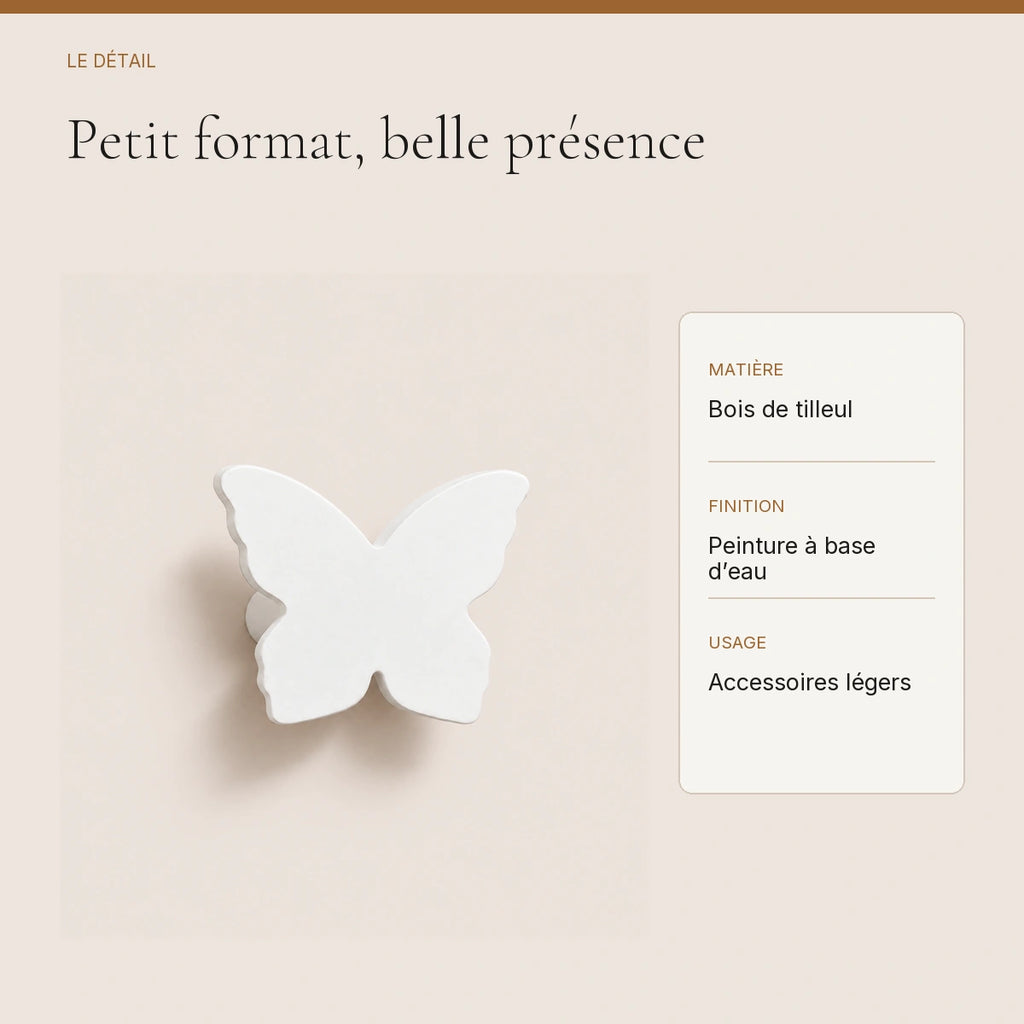 Crochet mural en bois motif Papillon blanc pour chambre enfant – détail du bois peint et de la finition