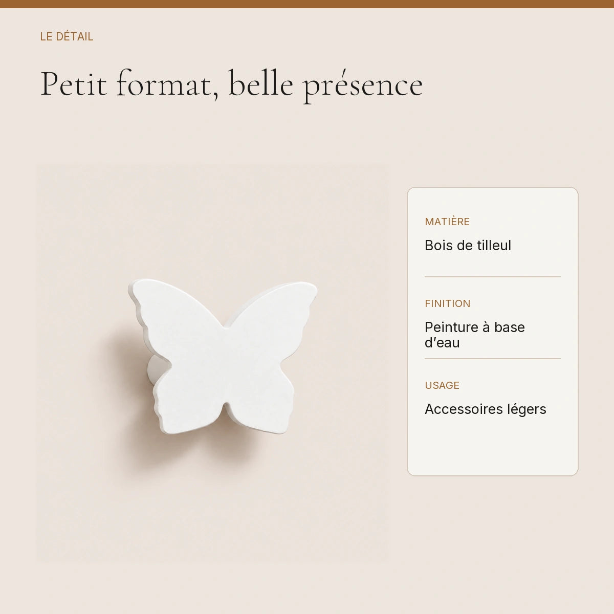 Crochet mural en bois motif Papillon blanc pour chambre enfant – détail du bois peint et de la finition