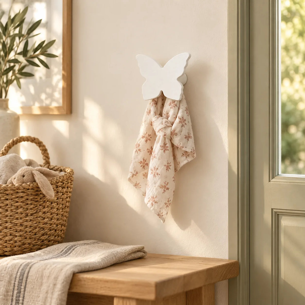 Crochet mural en bois motif Papillon blanc pour chambre enfant – dans une entrée familiale