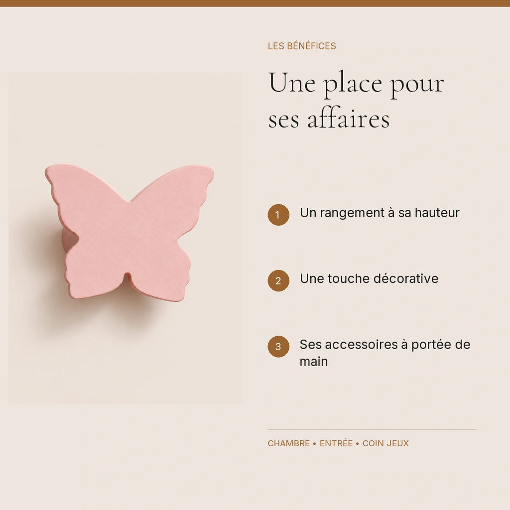 Crochet mural en bois motif Papillon rose pour chambre enfant – bénéfices pour organiser la chambre enfant