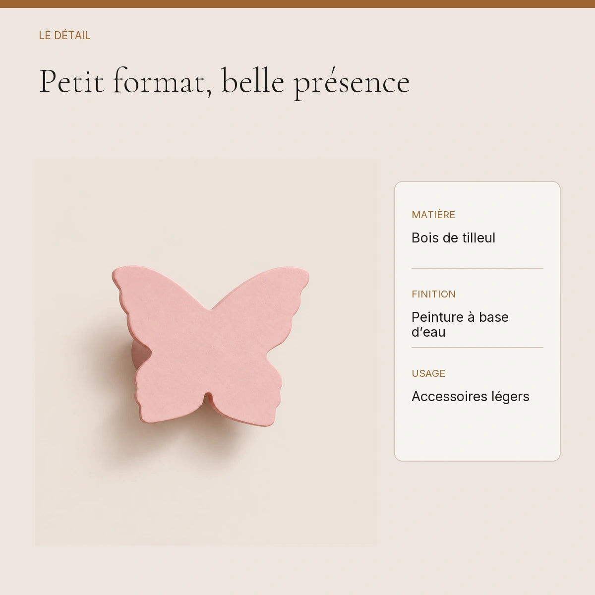 Crochet mural en bois motif Papillon rose pour chambre enfant – détail du bois peint et de la finition