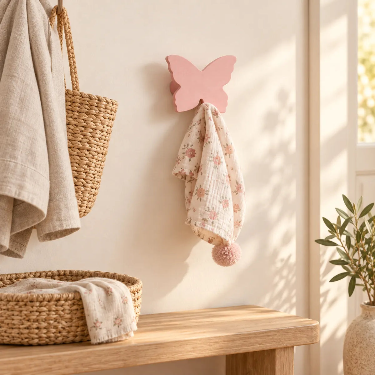Crochet mural en bois motif Papillon rose pour chambre enfant – dans une entrée familiale