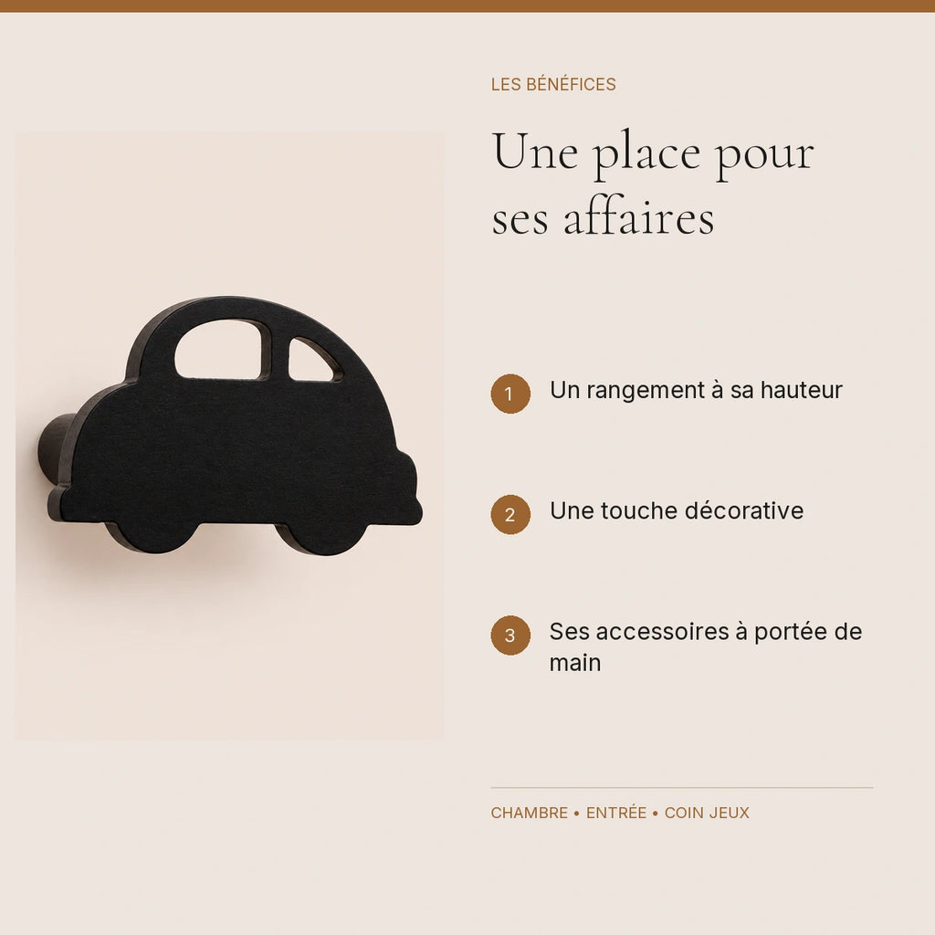 Crochet mural en bois motif Voiture noire pour chambre enfant – bénéfices pour organiser la chambre enfant
