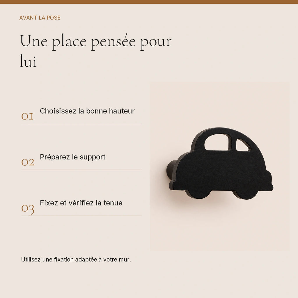 Crochet mural en bois motif Voiture noire pour chambre enfant – conseils de pose et de fixation murale