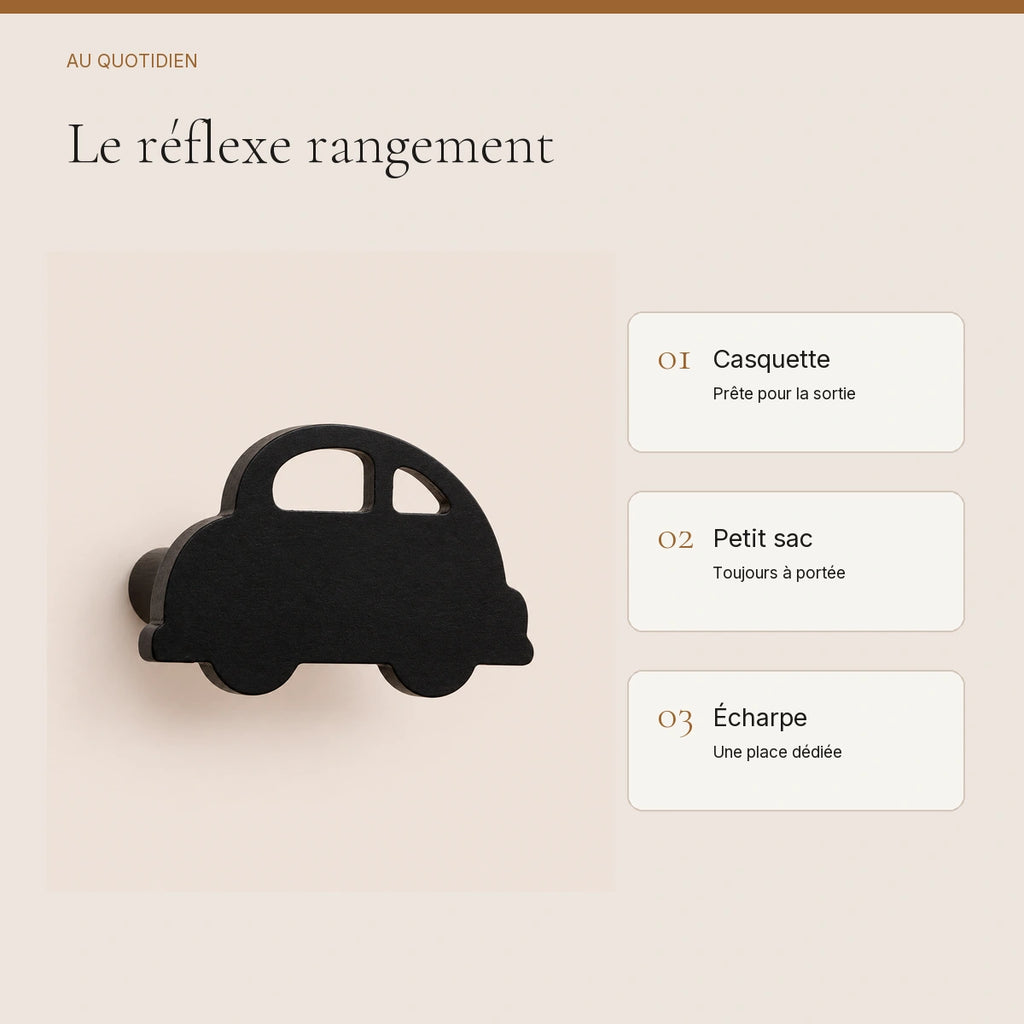 Crochet mural en bois motif Voiture noire pour chambre enfant – idées pour ranger les accessoires enfant