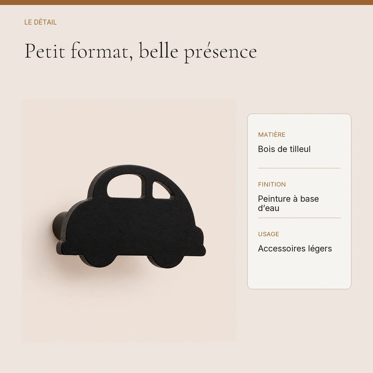 Crochet mural en bois motif Voiture noire pour chambre enfant – détail du bois peint et de la finition