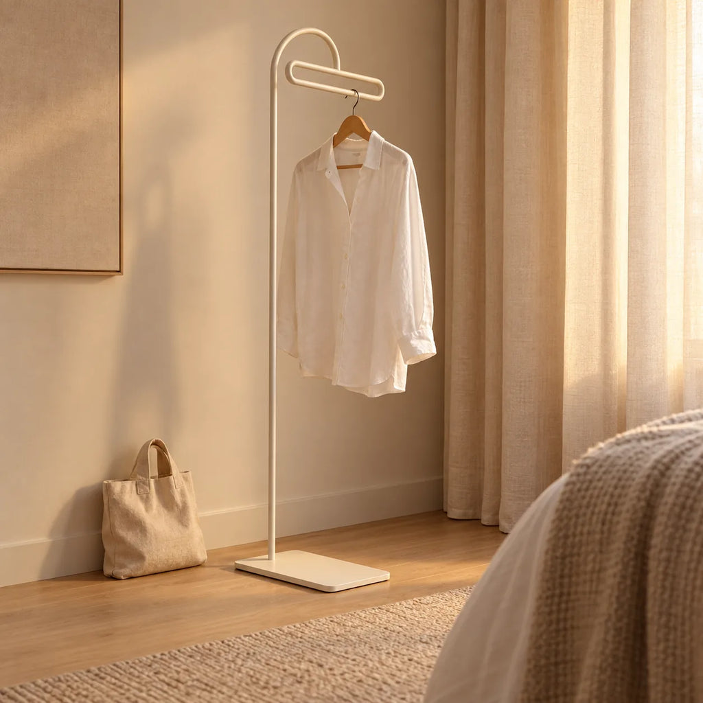 Porte-manteau portant design metal blanc 175 cm — dans une chambre avec accessoires suspendus