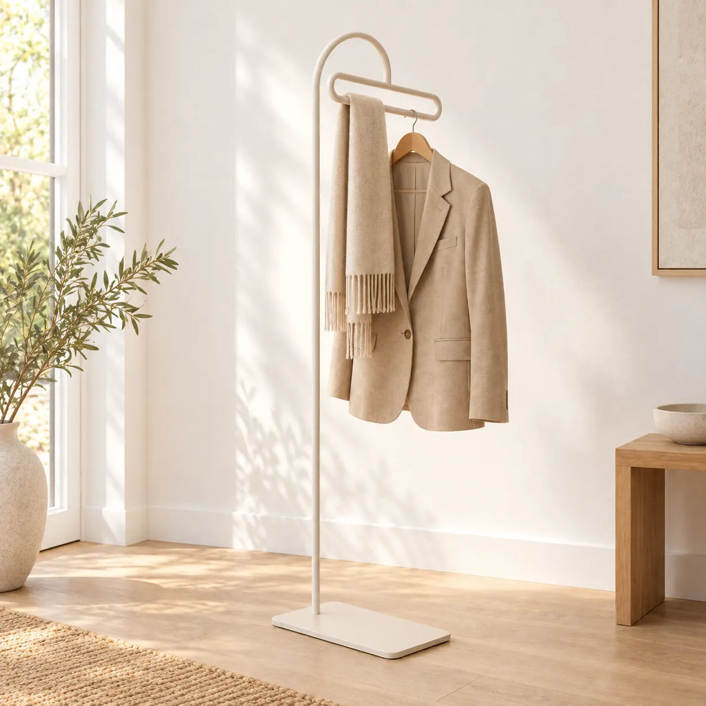 Porte-manteau portant design metal blanc 175 cm — avec une veste et une écharpe sur la barre supérieure