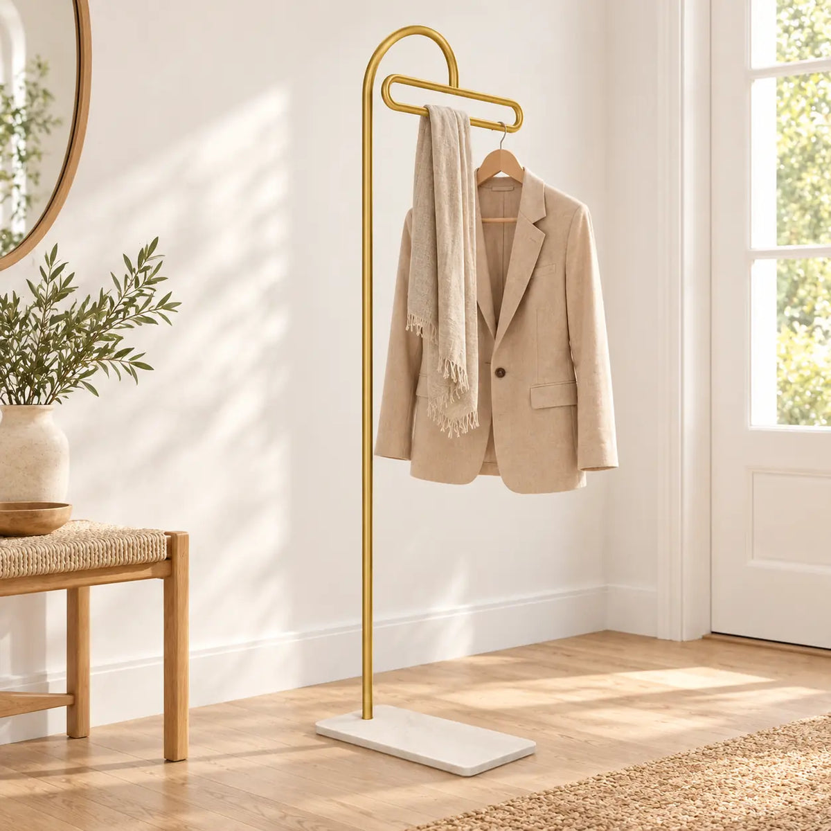 Porte-manteau portant design metal dore 175 cm — avec une veste et une écharpe sur la barre supérieure