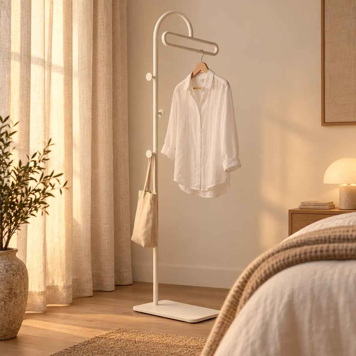 Porte-manteau portant metal blanc 175 cm — dans une chambre avec accessoires suspendus