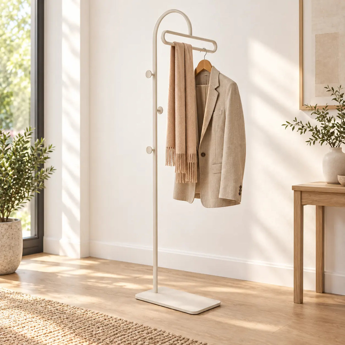 Porte-manteau portant metal blanc 175 cm — avec une veste et une écharpe sur la barre supérieure