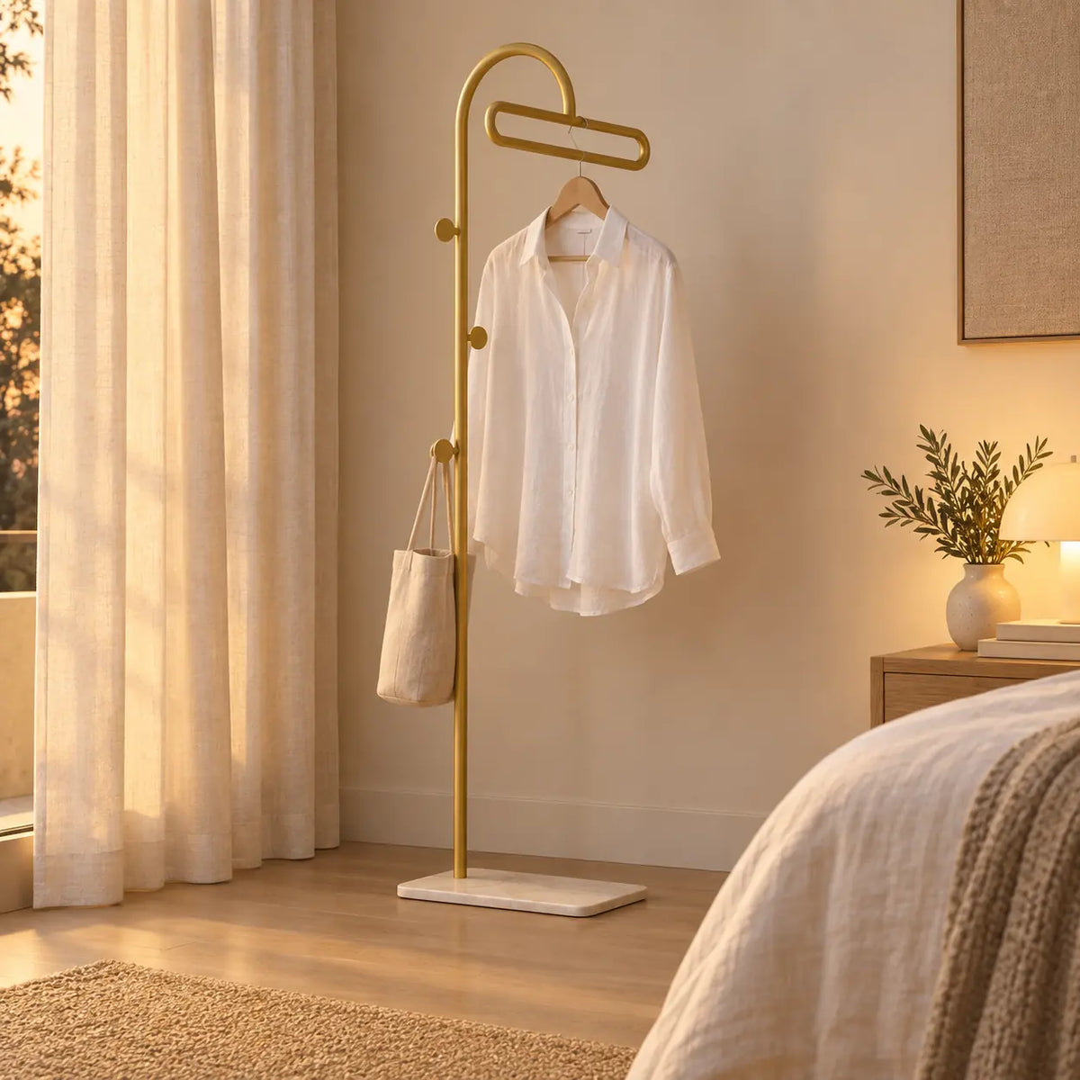 Porte-manteau portant metal dore 175 cm — dans une chambre avec accessoires suspendus