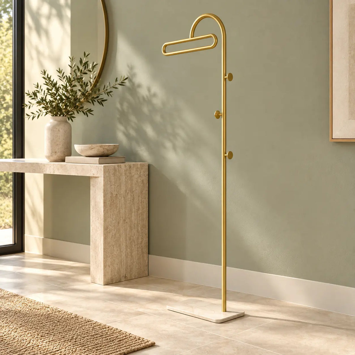 Porte-manteau portant metal dore 175 cm — dans une entrée aménagée