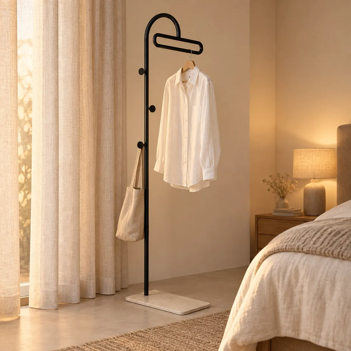Porte-manteau portant metal noir 175 cm — dans une chambre avec accessoires suspendus
