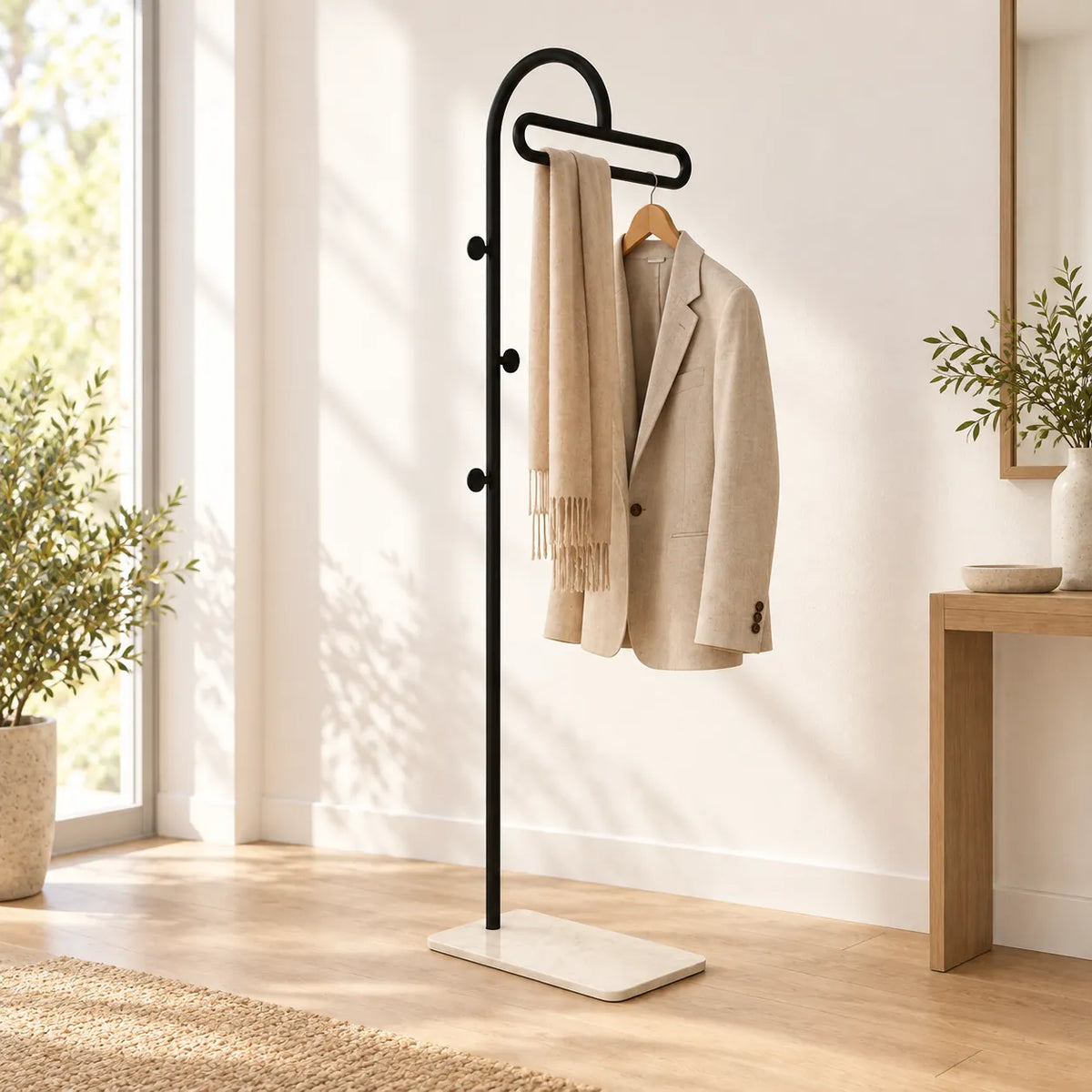 Porte-manteau portant metal noir 175 cm — avec une veste et une écharpe sur la barre supérieure