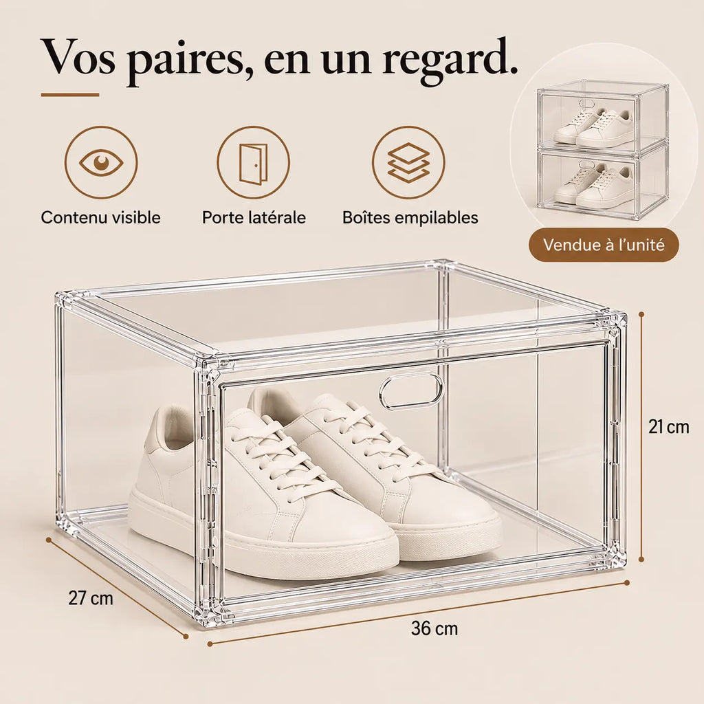 Boîte à chaussures transparente : contenu visible, accès latéral et empilage.