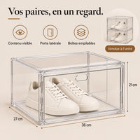 Boîte à chaussures transparente : contenu visible, accès latéral et empilage.