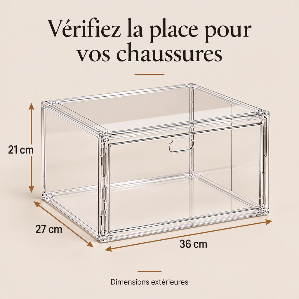 Dimensions extérieures de la boîte à chaussures : 36 × 27 × 21 cm.