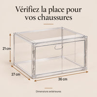 Dimensions extérieures de la boîte à chaussures : 36 × 27 × 21 cm.