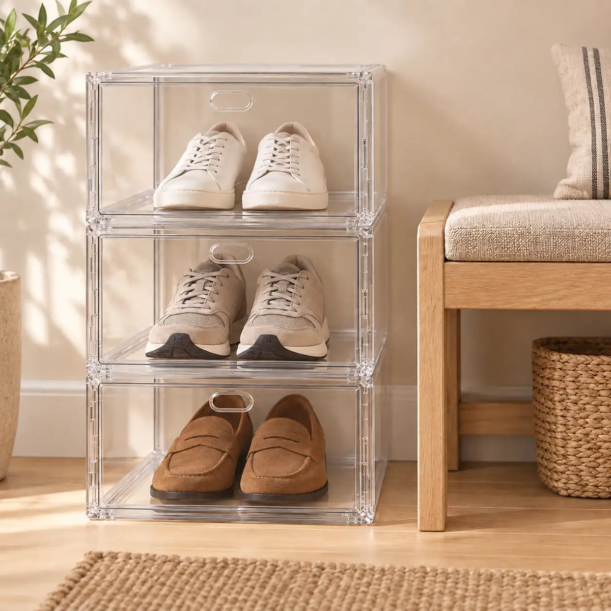 Trois boîtes à chaussures transparentes empilées dans une entrée beige.
