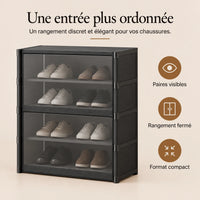 Meuble à chaussures compact avec portes transparentes et rangement fermé.
