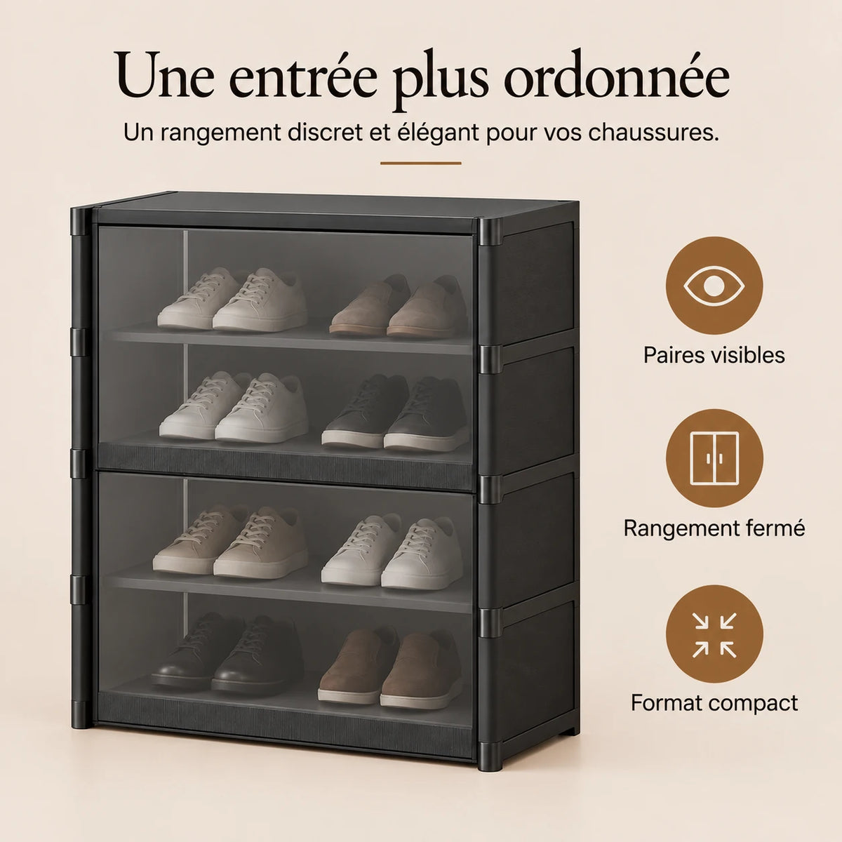 Meuble à chaussures compact avec portes transparentes et rangement fermé.