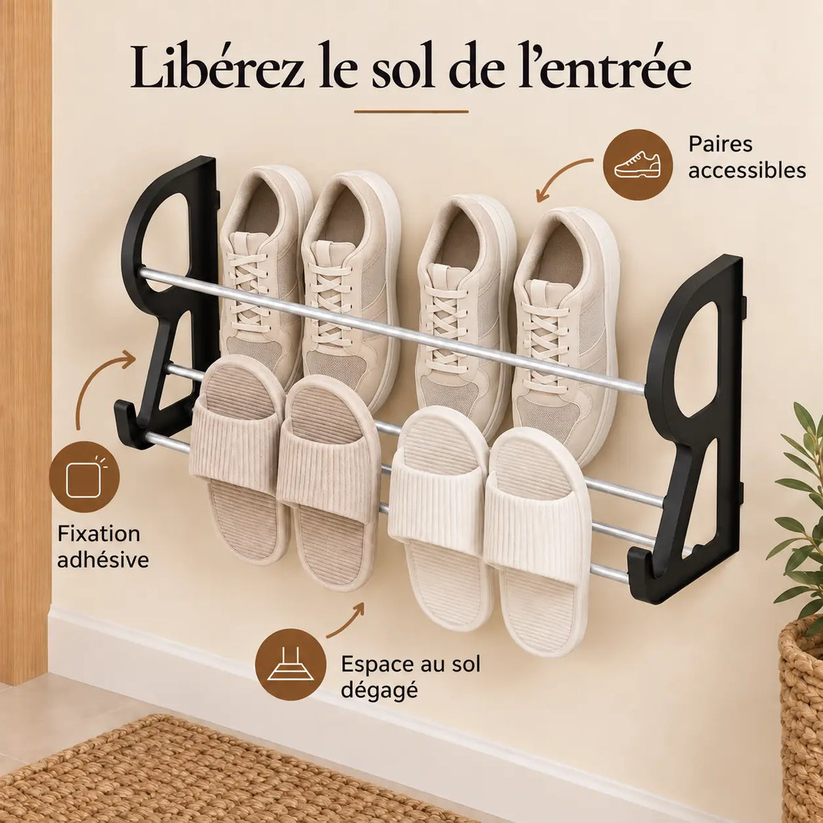 Rangement chaussures mural adhésif pour dégager le sol de l’entrée.