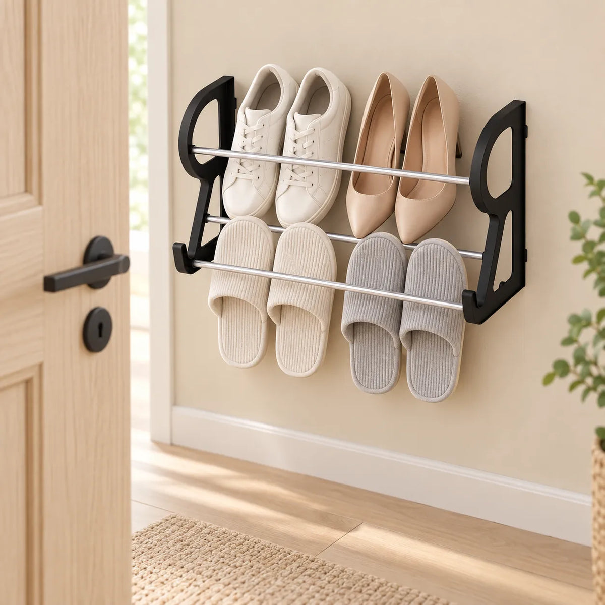 Rangement chaussures noir installé sur le mur derrière une porte ouverte. Image