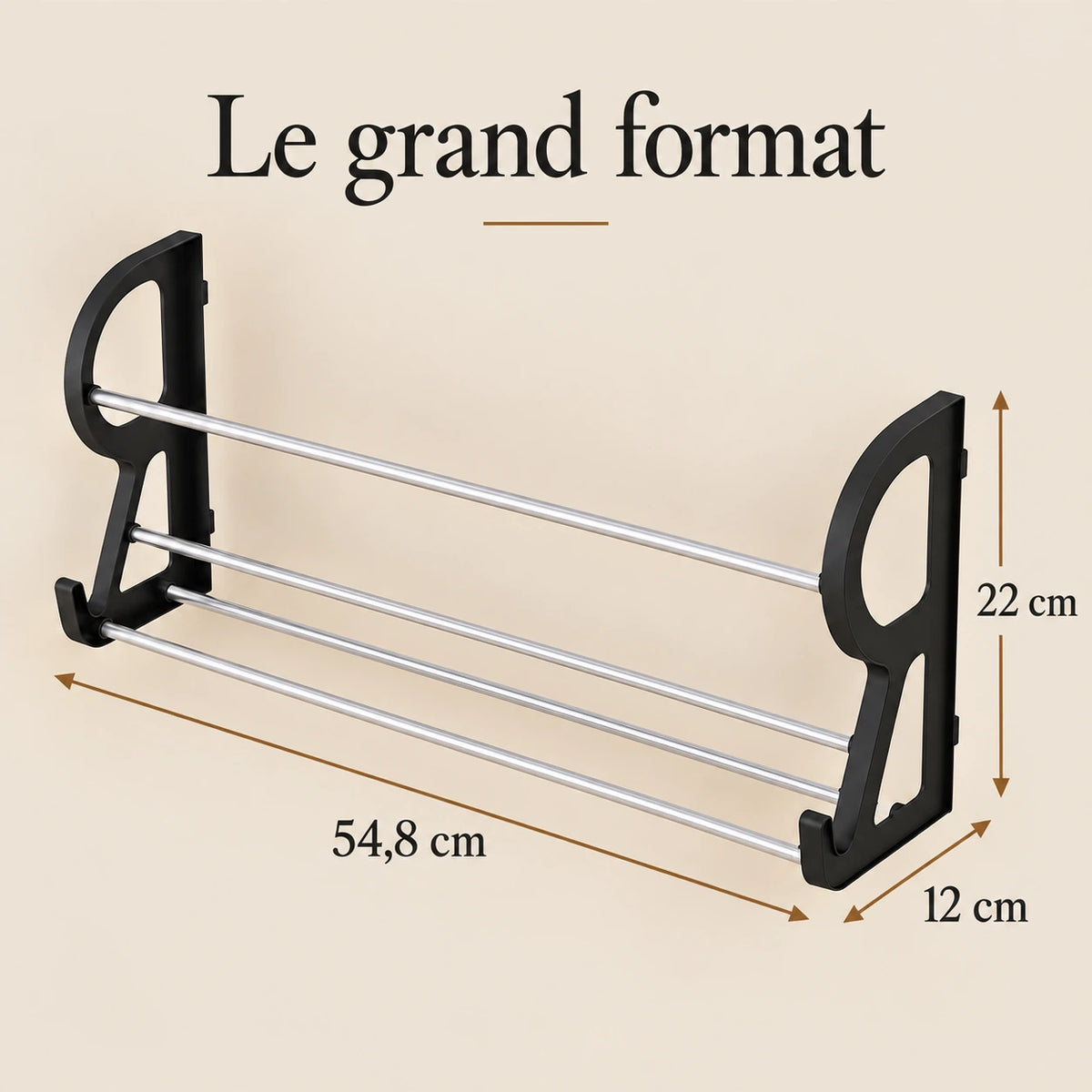 Dimensions du rangement chaussures L : 54,8 × 22 × 12 cm.