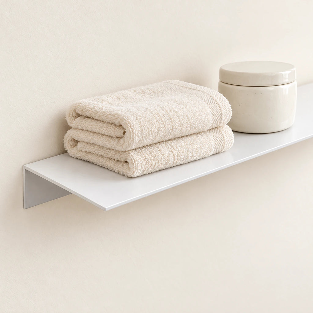 Étagère salle de bain aluminium blanche 50 cm : finition et accessoires en situation