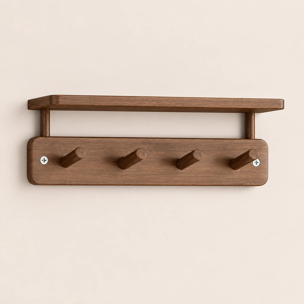Étagère murale avec crochets noyer 33 cm - vue principale sur fond beige
