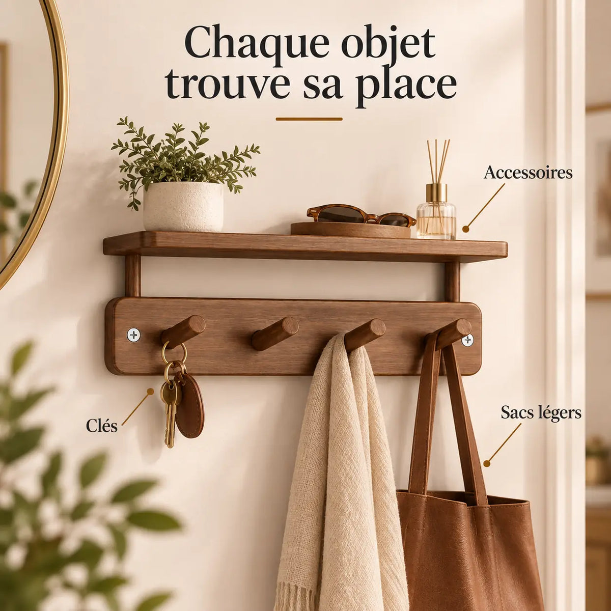Étagère murale avec crochets noyer 33 cm - utilisation pour clés et accessoires