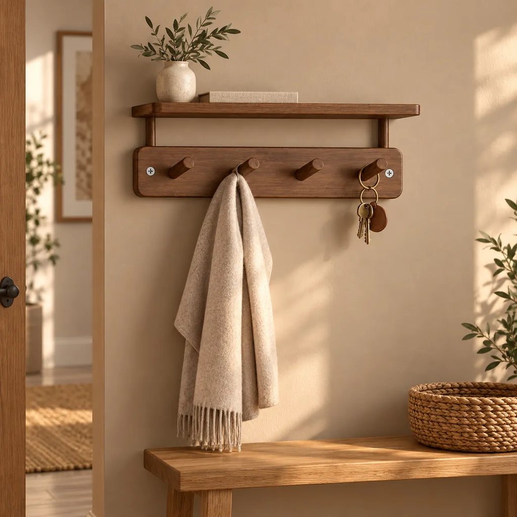 Étagère murale avec crochets noyer 33 cm - ambiance dans une entrée contemporaine