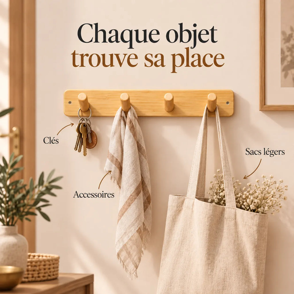 Porte-manteau mural bambou 4 crochets 35 cm - utilisation pour clés et accessoires
