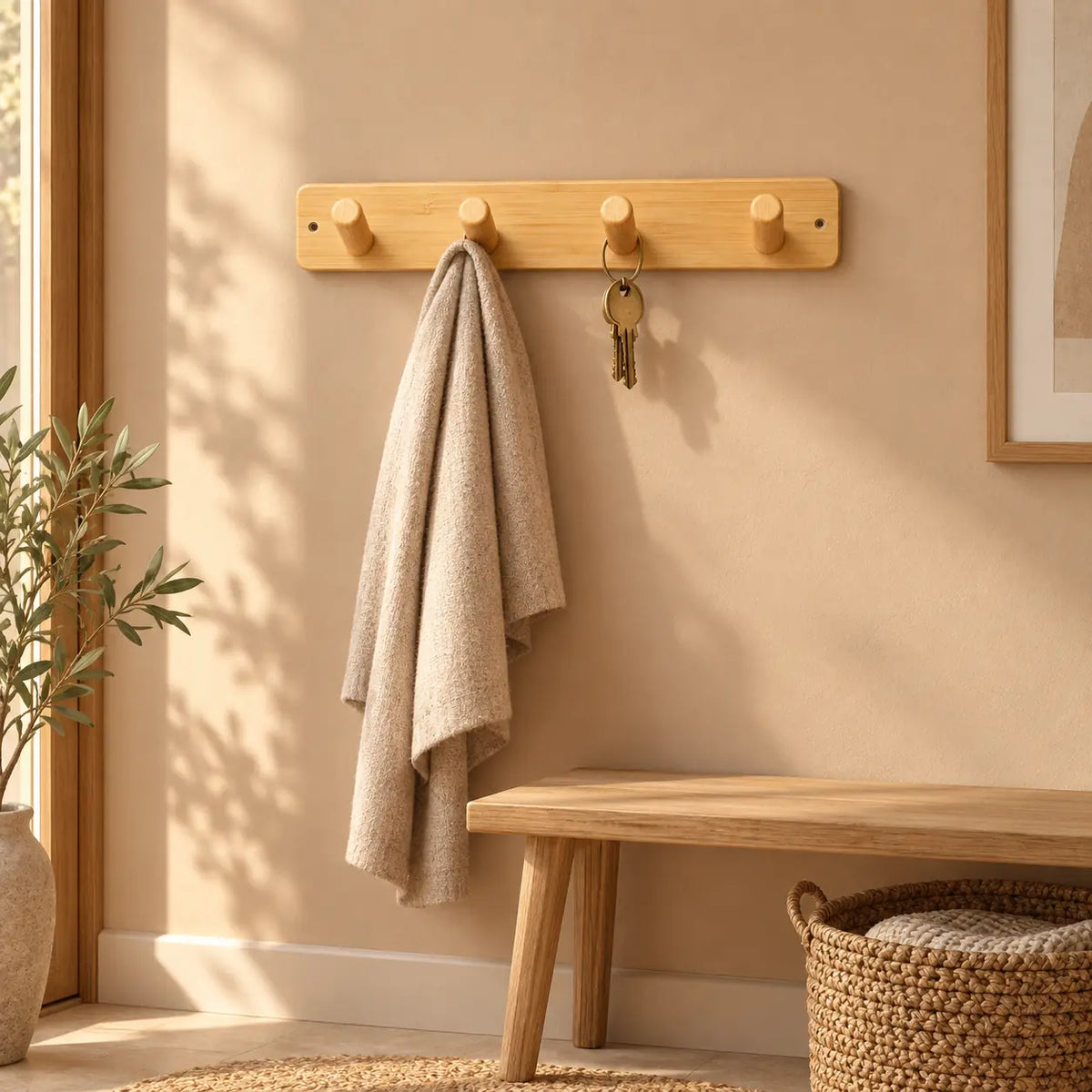 Porte-manteau mural bambou 4 crochets 35 cm - ambiance dans une entrée contemporaine